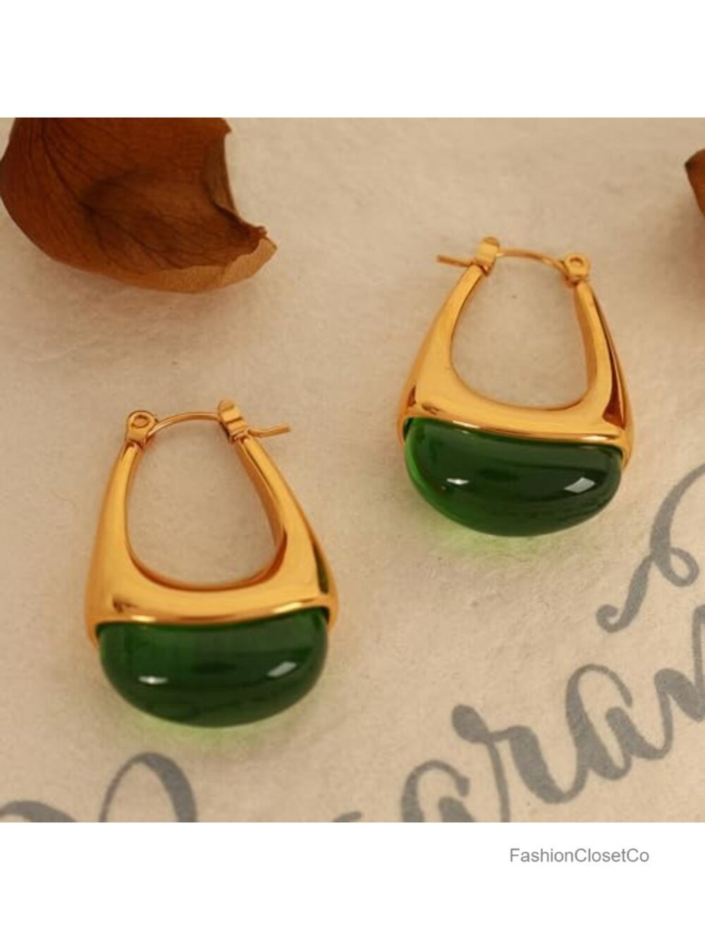 Gold Plated Chunky Hoop Dangle Earrings Stainless Steel Resin Drop - Picture 3 of 6